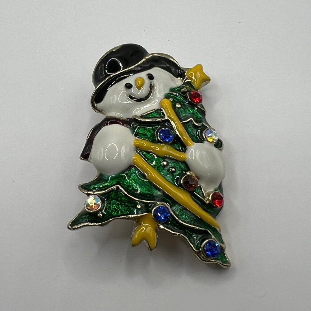 Vintage Snowman Brooch White Green Enamel and Crystal Accent Pin